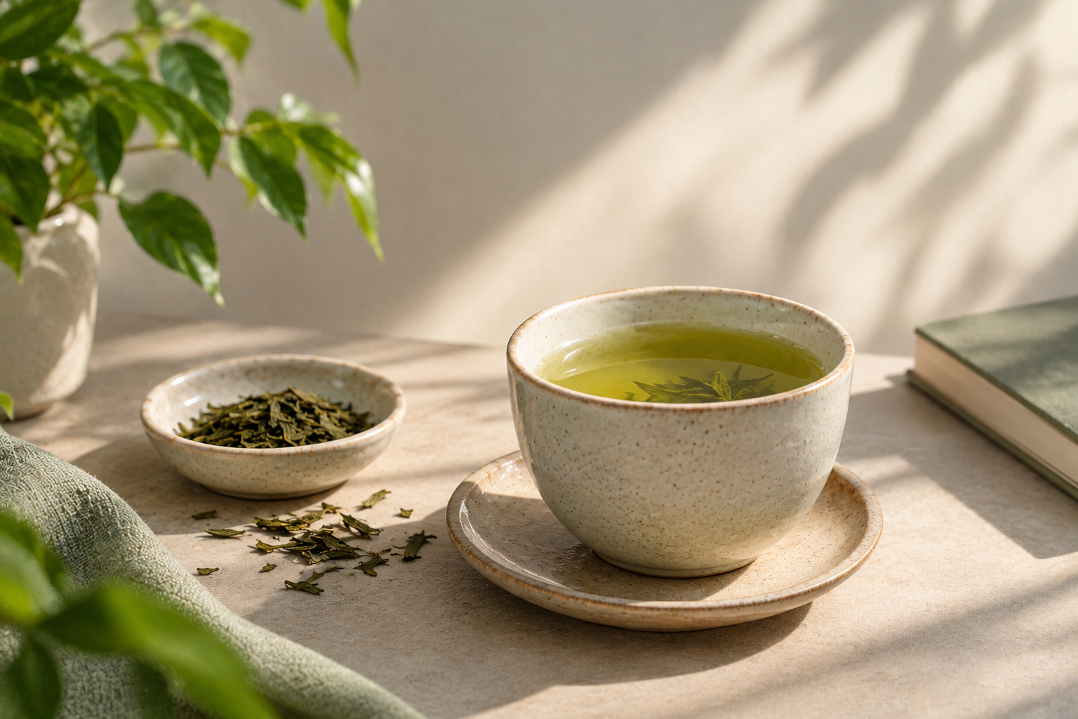 Cup of green tea with loose green tea leaves on a saucer in natural sunlight, illustrating green tea drinking habits and timing.