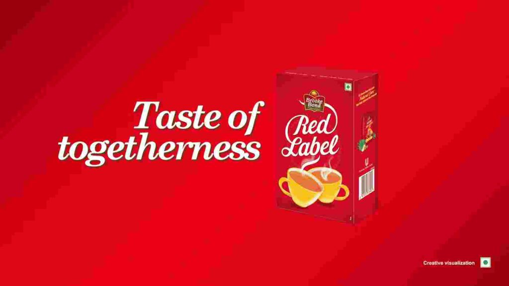 Brooke Bond Red Label tea box with the tagline “Taste of Togetherness” on a red background.
