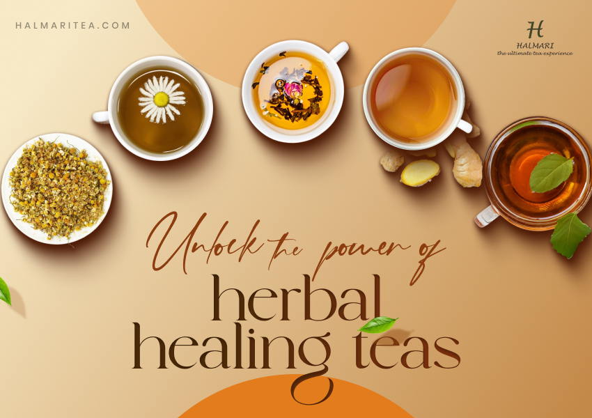 Herbal healing teas with chamomile, ginger, and floral blends.