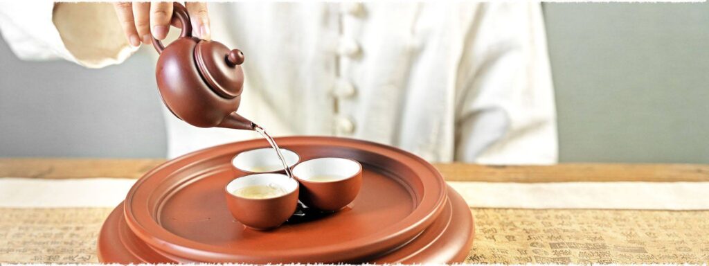 Traditional Chinese tea ceremony with a person pouring tea from a clay teapot into small porcelain cups on a wooden tea tray.
