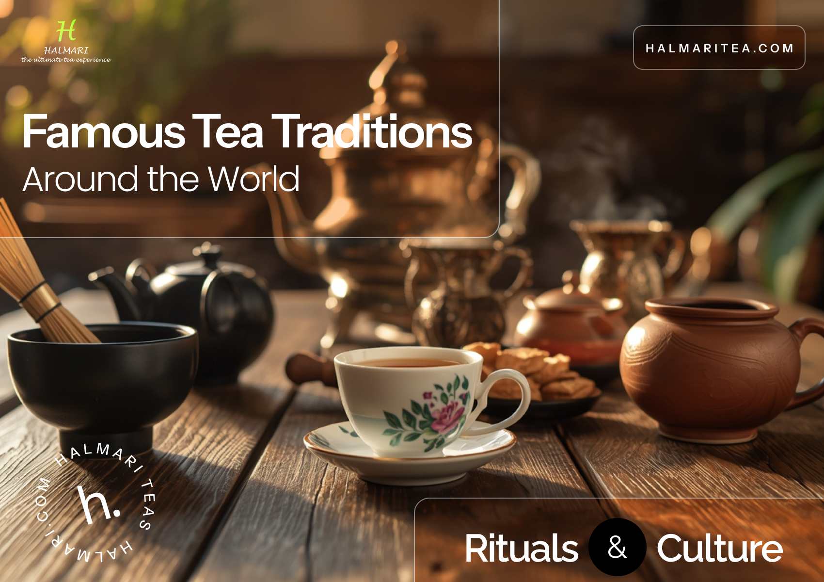 A collage of global tea traditions featuring Japanese matcha, Indian masala chai, Moroccan mint tea, and British afternoon tea.