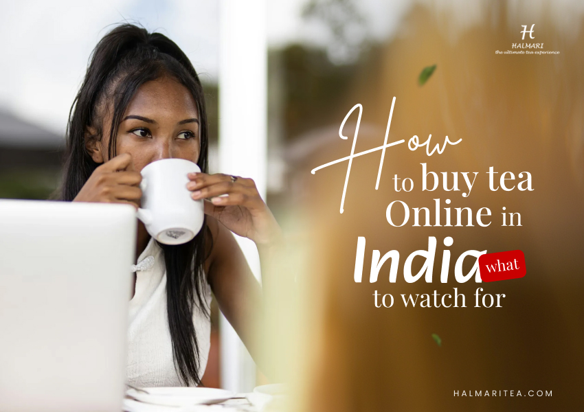 Woman enjoying a cup of tea while browsing online, representing how to buy tea online in India and what to watch for when choosing quality tea.