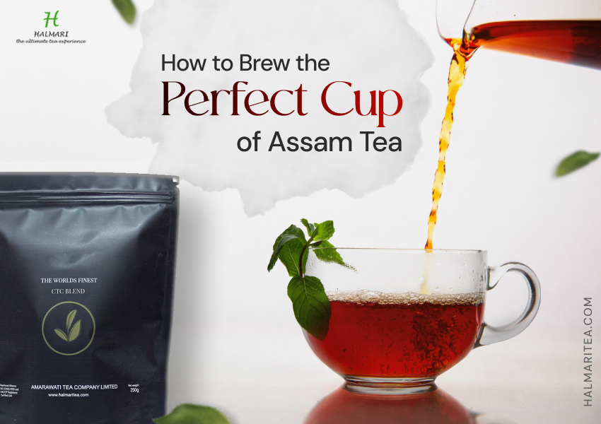 Premium CTC Assam black tea being poured into a glass cup with fresh mint leaves beside tea packaging by Halmari Tea.