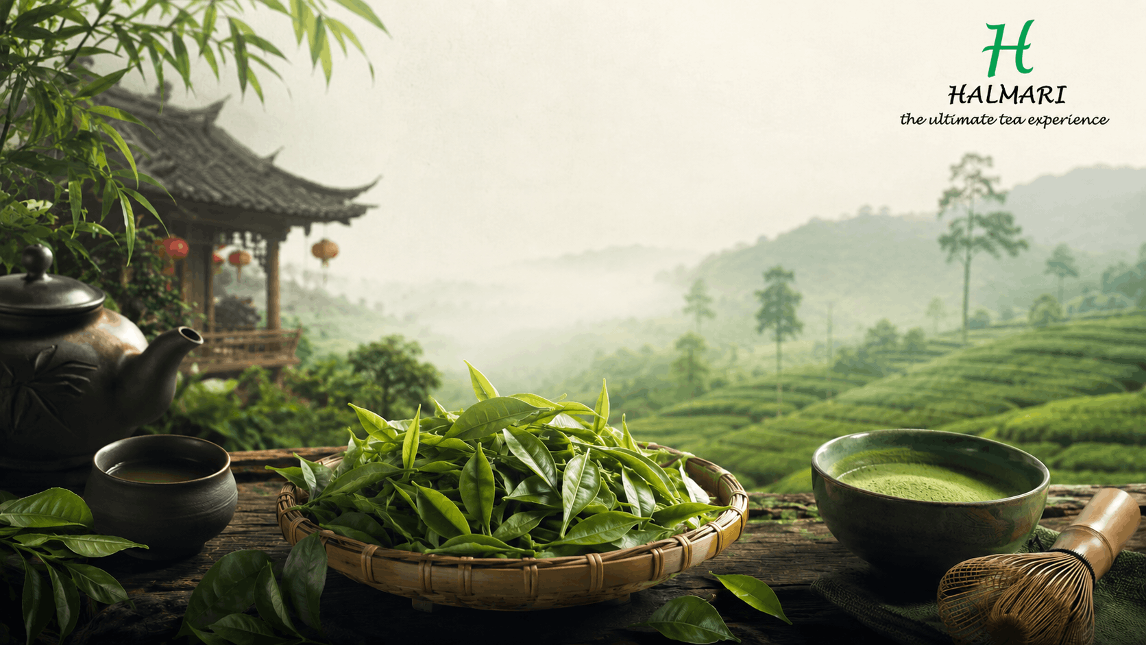 History of green tea featuring fresh tea leaves, Chinese tea culture, Japanese matcha, and scenic Assam tea gardens.