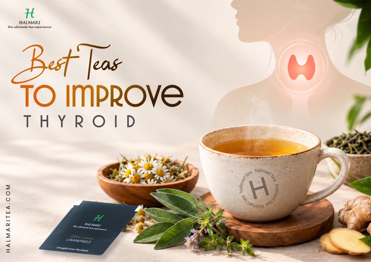 Banner featuring a cup of tea and natural ingredients for thyroid health support.