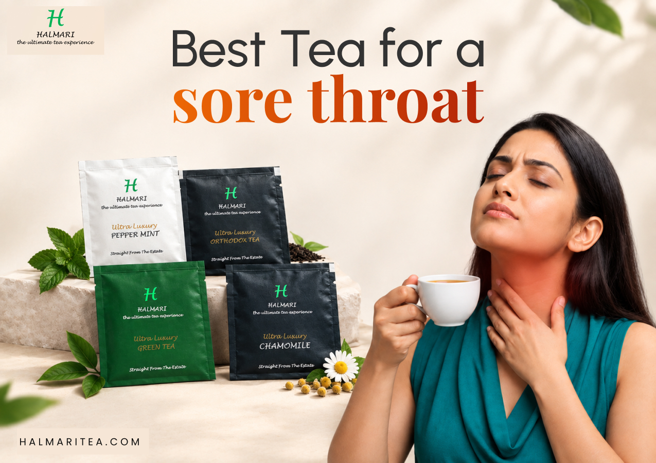 Best tea for a sore throat with a cup of tea, chamomile, green tea, and peppermint tea
