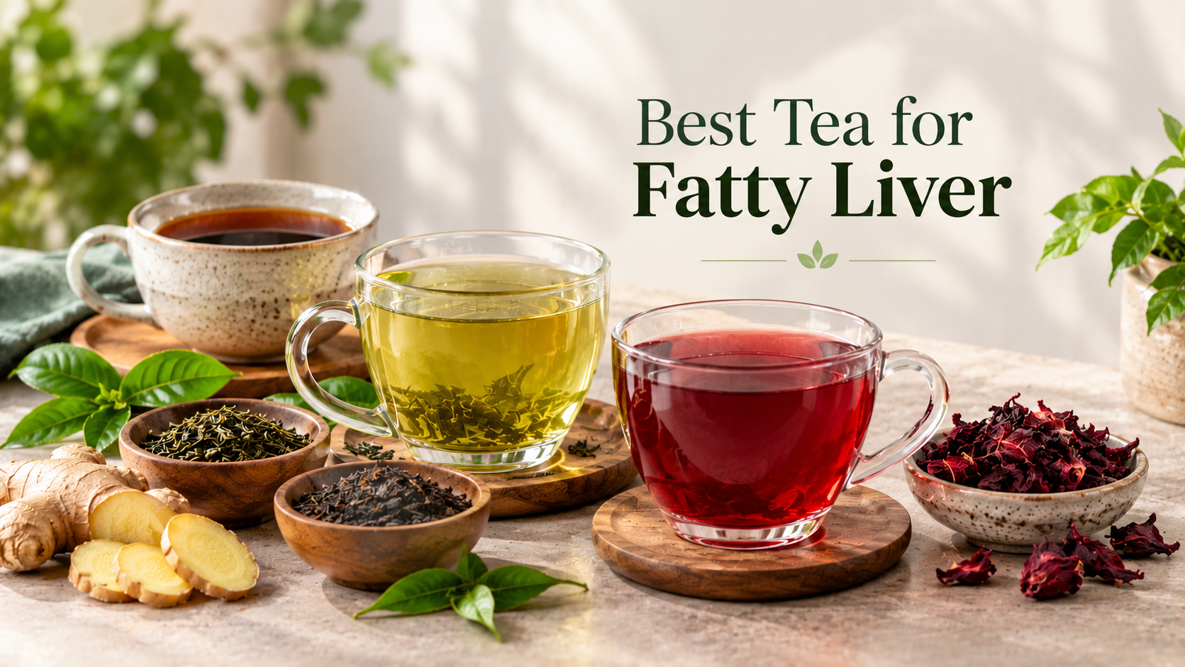 Green tea, black tea and hibiscus tea with fresh ginger and loose tea leaves, featuring the title Best Tea for Fatty Liver.